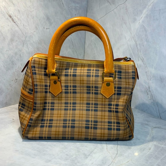 Kirino Collection plaid tan and navy leather bag roomy with inside pocket - Picture 2 of 16